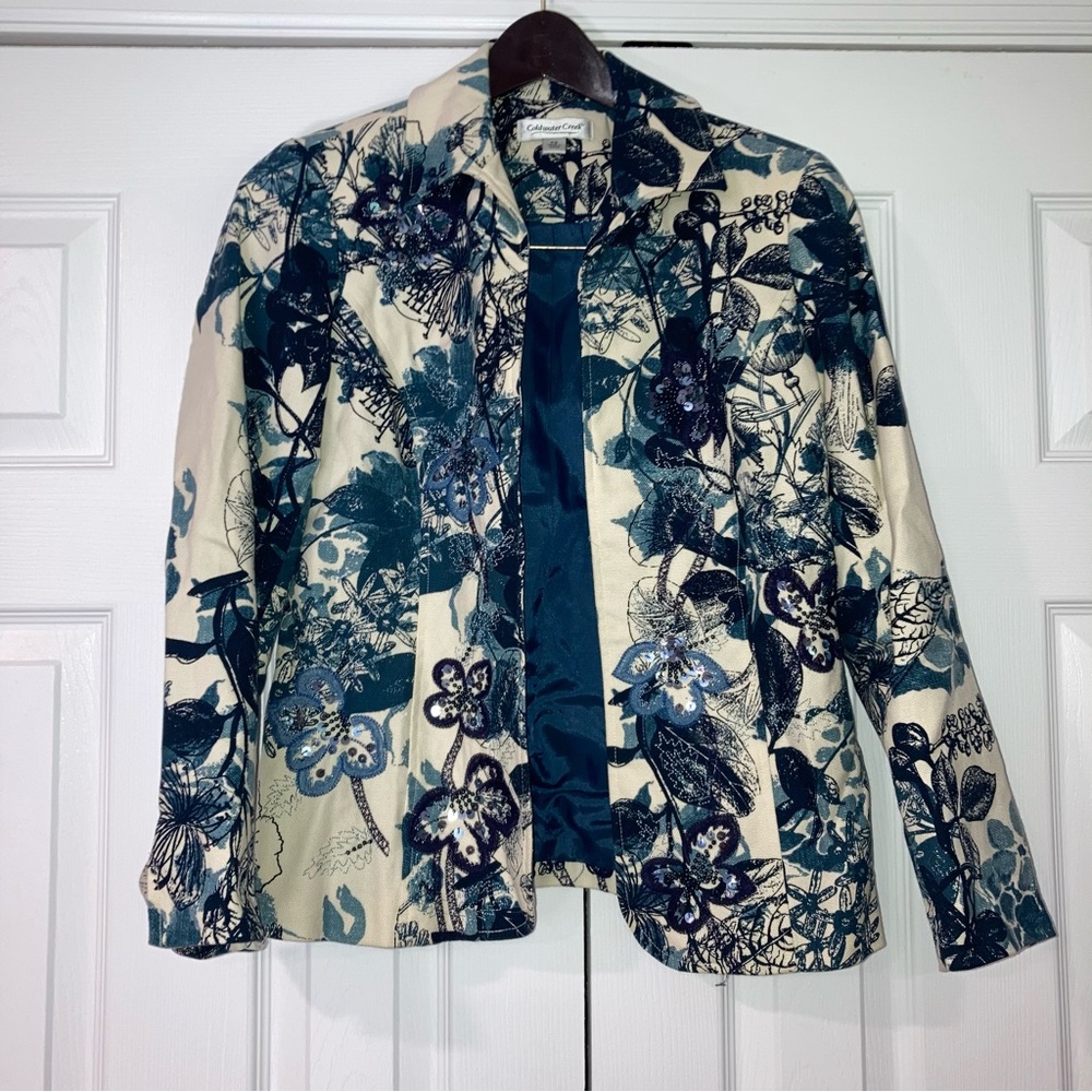 Coldwater Creek Petite Size 4 Cream & Blue Floral Blazer Beaded & Sequins